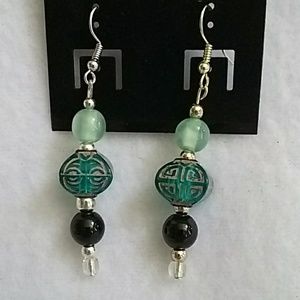 Navy blue and green beaded hook earrings
